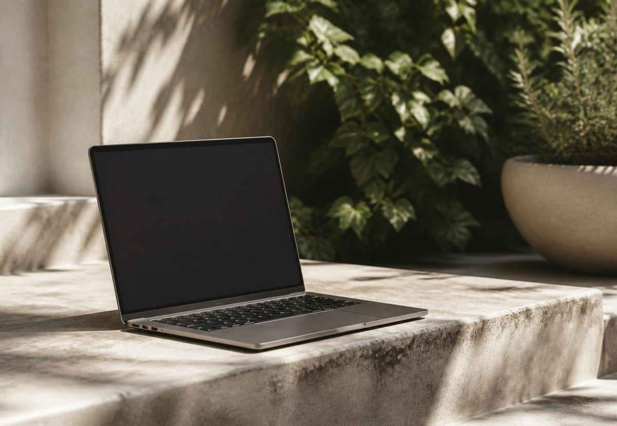 A laptop open on a sunlit concrete ledge with greenery in the background